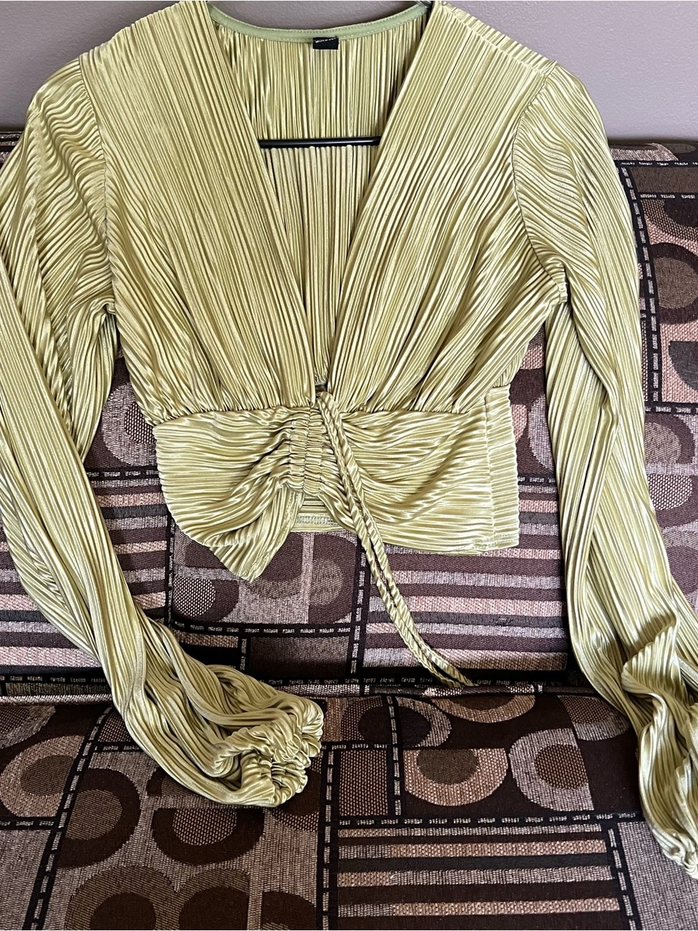 Windsor Pleated V-Neck Drawstring Crop Top - Light Green
